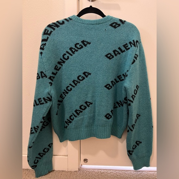 BALENCIAGA Oversized Wool Logo Jacquard Knit Sweater Petrol Blue & Black Sz XS - Picture 2 of 8